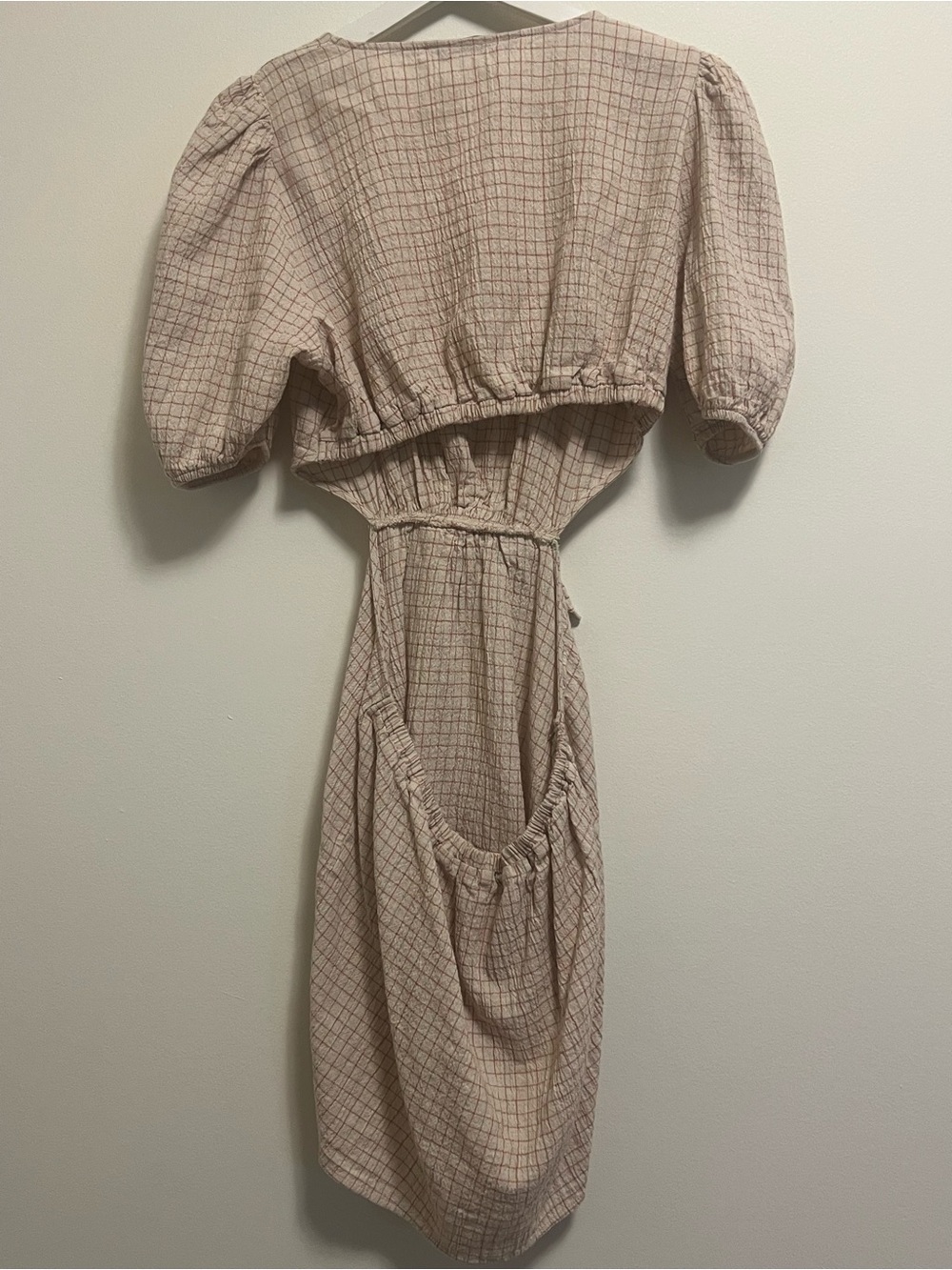Zara Cream Check High-Low Puff Sleeve Backless Cut Out Dress - Picture 2 of 8